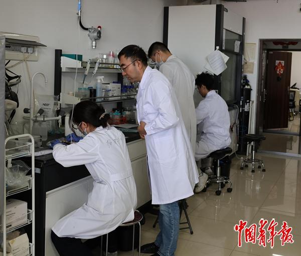 　　贺强（左二）正在看学生用生理盐水冲洗实验老鼠器官。中青报·中青网记者 杨雷/摄