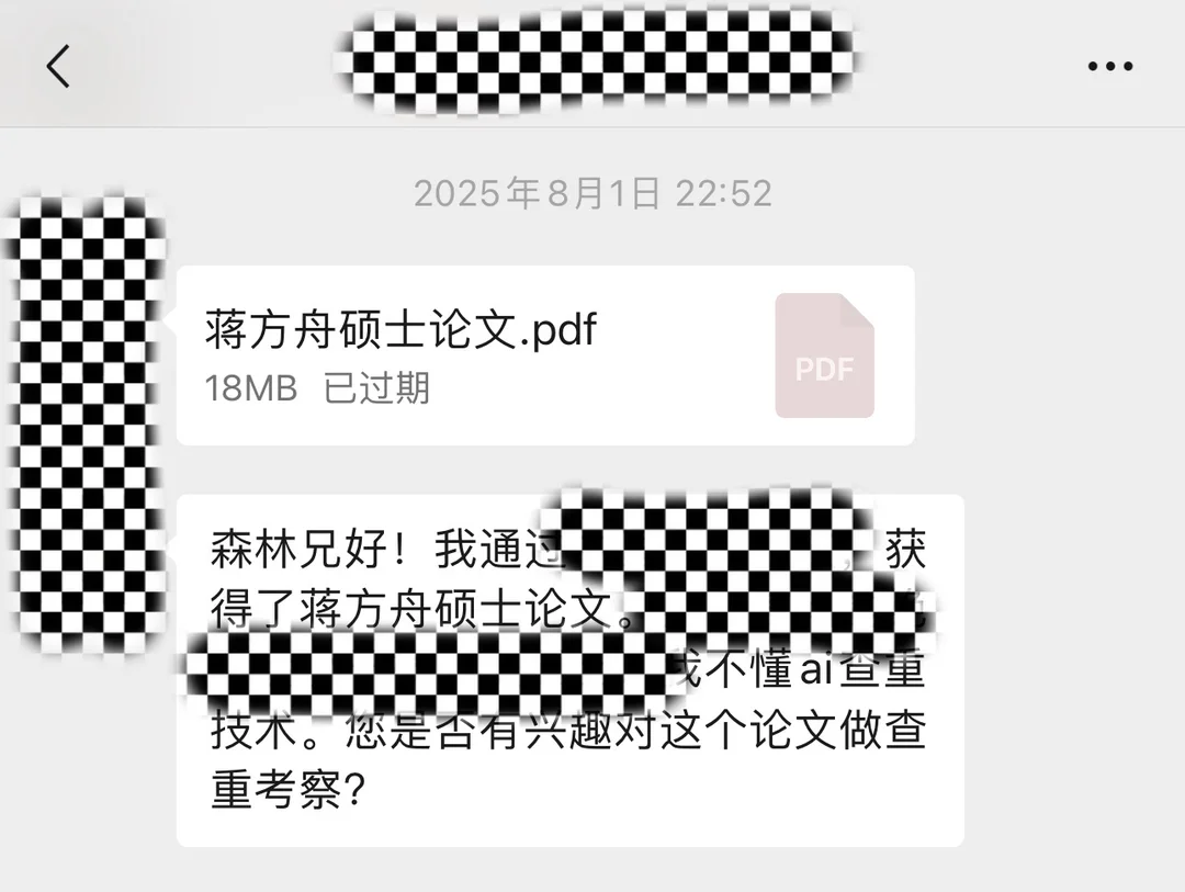 2025年，有人将蒋方舟的硕士论文文件发给“抒情的森林”请求做查重。除特殊标注外，均为受访者供图