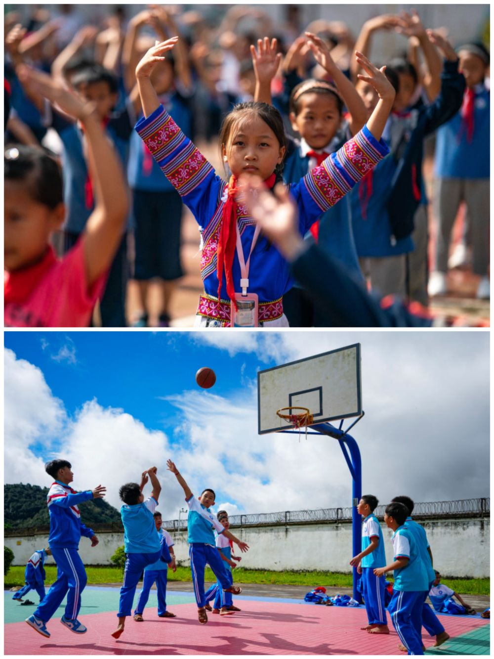 云南两所“零近视”小学——湾塘小学的孩子们在做课间操（上），腊福小学的孩子们在打篮球（下）。新华社记者 胡超、陈欣波 摄