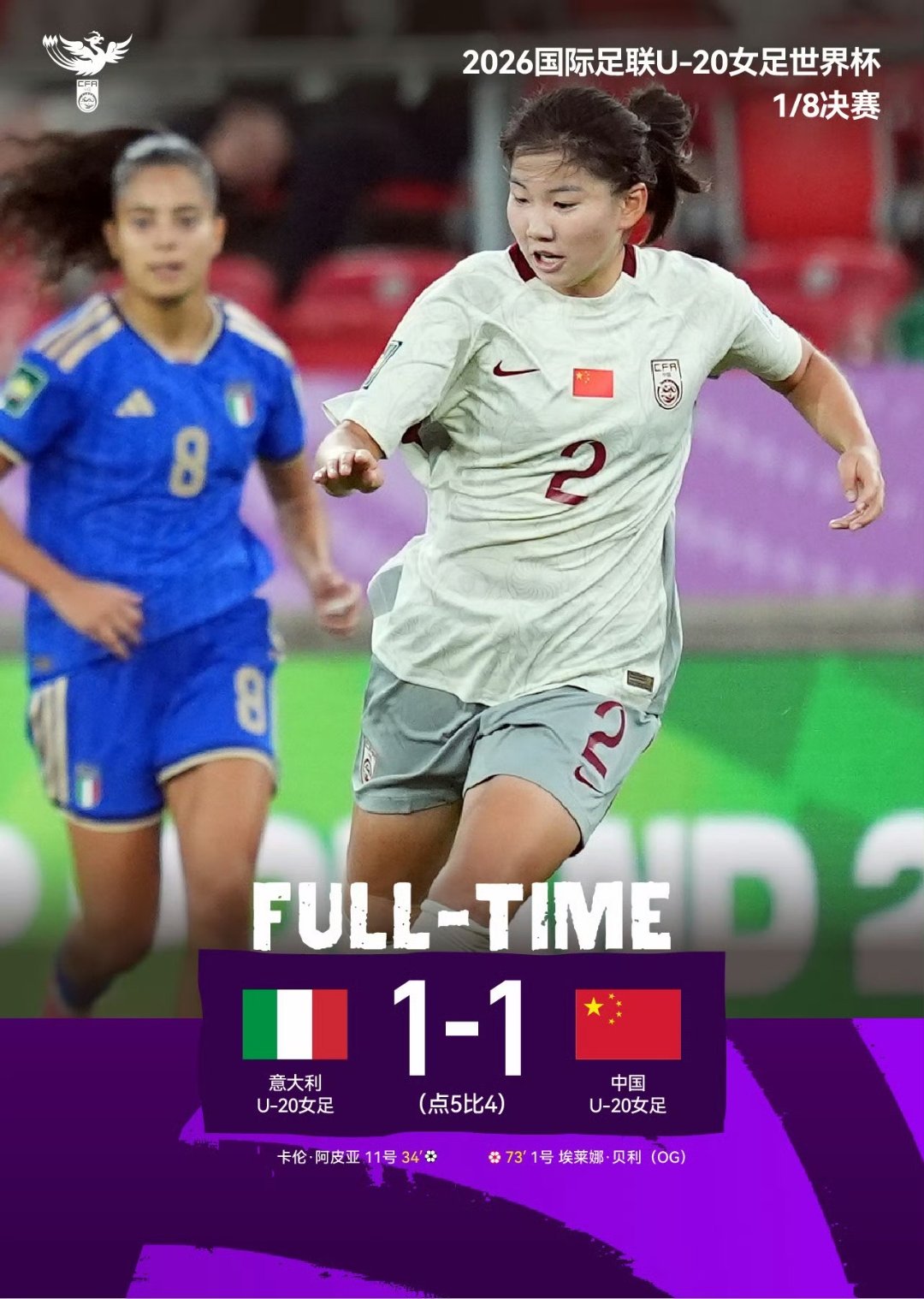 当地时间9月16日，2026年U20女足世界杯，中国队点球4:5、大比分5:6不敌意大利队。图源：中国女足官方微博
