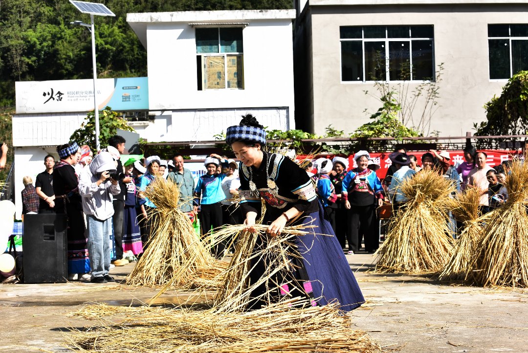 9月19日，贵州省册亨县冗渡镇冗贝村举办丰收节活动，一位村民身着民族服装参加捆稻把比赛。王海荣/摄