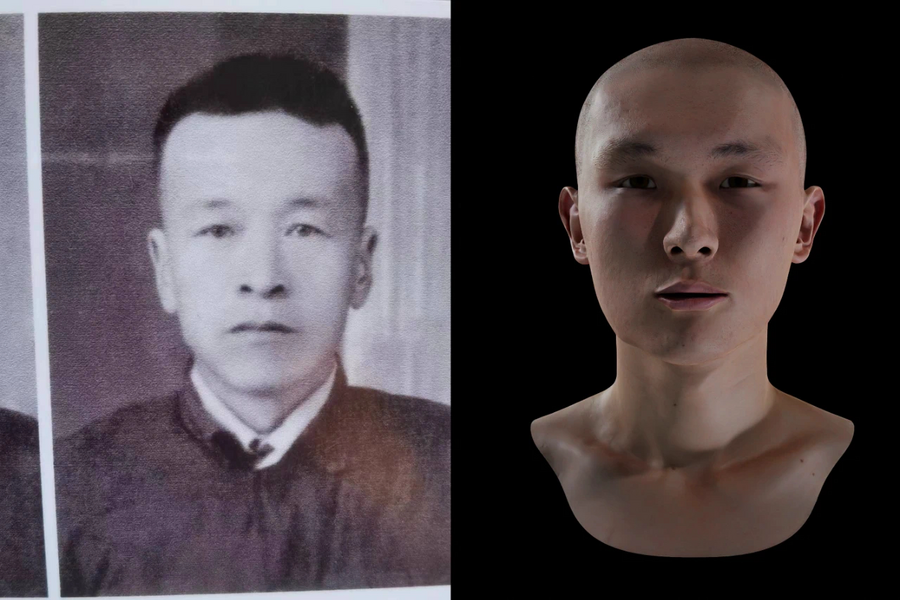 崔海治烈士复原像（右）与其哥哥照片（左）对比。受访者供图