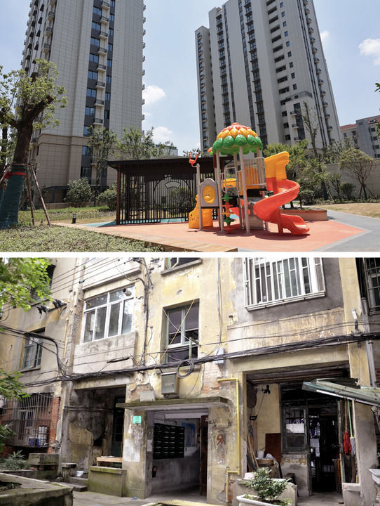 拼版照片：上图为完成改造的上海彭浦新村彭一小区外景（2025年6月27日摄，新华社记者方喆摄）；下图为改造前的彭一小区外景（资料照片）。新华社发