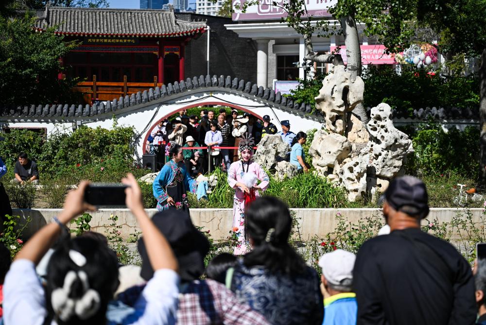 10月6日，游客在天津人民公园观看评剧《花为媒》。