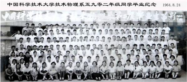　　中国科大5902年级合影，六排右二、五排左一、一排右五分别是赵忠贤、陈立泉、黄玉珍。中国科大供图