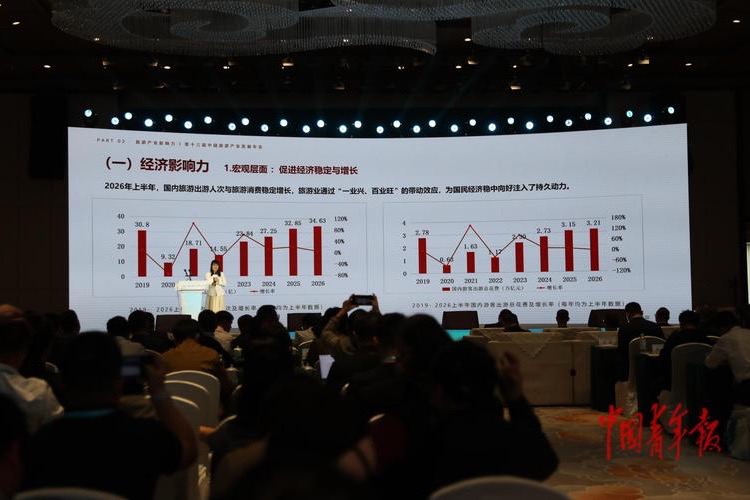 10月18日，湖北十堰，第十三届中国旅游产业发展年会现场， 2026中国旅游产业影响力报告发布人、北京第二外国语学院中国文化和旅游产业研究院常务副院长吴丽云在作介绍。中青报·中青网记者 孔斯琪/摄